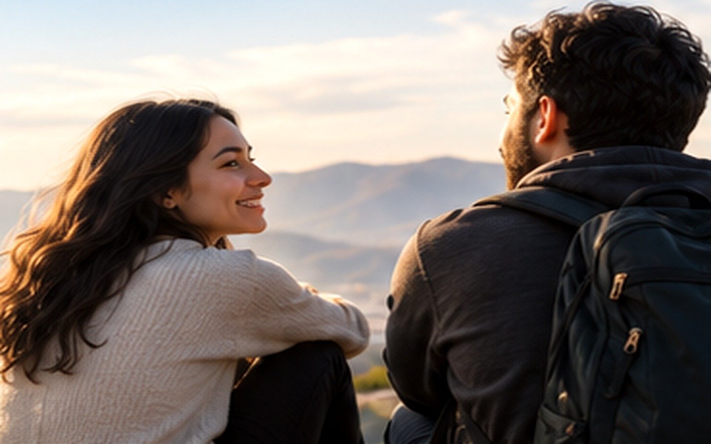 Dos personas adultas conversan frente a un paisaje de montaña